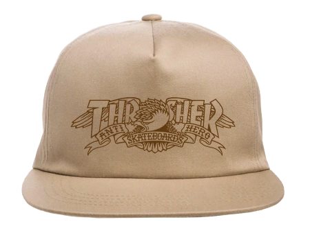 THRASHER x ANTI HERO MAG BANNER SNAPBACK HAT KHAKI For Discount