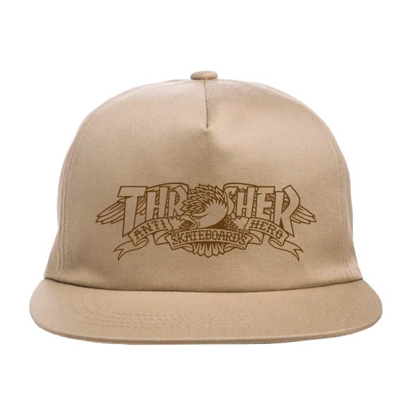 THRASHER x ANTI HERO MAG BANNER SNAPBACK HAT KHAKI For Discount