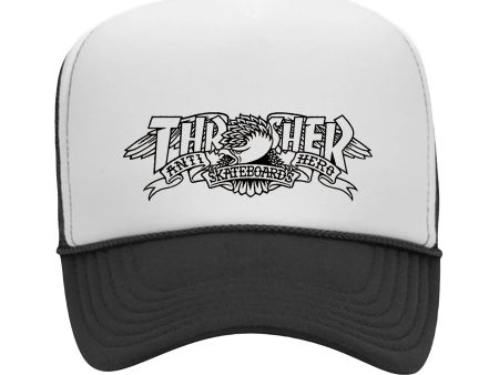 THRASHER x ANTI HERO MAG BANNER TRUCKER HAT BLACK   WHITE Online