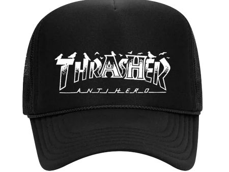 THRASHER x ANTI HERO PIGEON MAG TRUCKER HAT BLACK For Sale