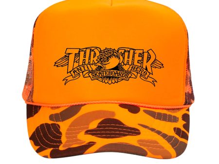 THRASHER x ANTI HERO MAG BANNER TRUCKER HAT ORANGE CAMO Supply