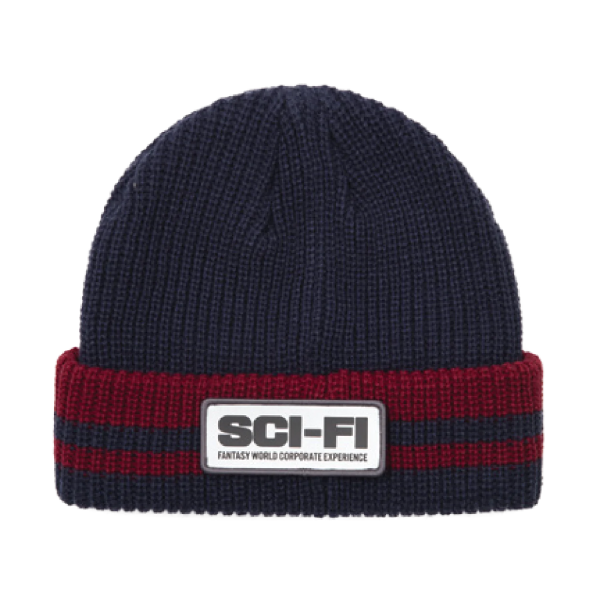 SCI-FI FANTASY REFLECTIVE PATCH STRIPED BEANIE NAVY RED on Sale